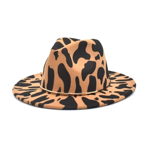 Cow Print Fedora Hat Woolen Felt Wide Brim Jazz Hat With Gold Metal Ring Vintage Animal Pattern For Men Women Trendy