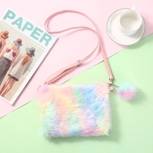 Cute Rainbow Plush Crossbody Bag For Kids Girls Soft Faux Fur Small Shoulder Purse With Pom Pom And Adjustable PU Strap