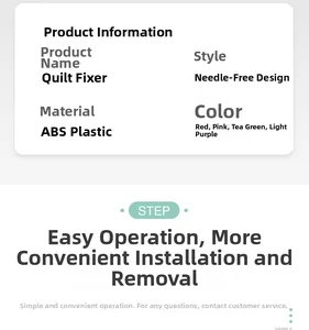 Detailed ABS quilt clips specifications and color options in pink, green, and purple