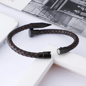 Men's dark brown braided leather bracelet with black stainless steel nail magnetic clasp