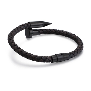 Brown braided leather bracelet with black stainless steel nail clasp in punk style