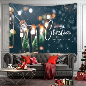 Bohemian Christmas tapestry featuring a mini tree in a jar for festive wall decor