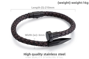 Detail view of woven leather bracelet with black nail-shaped stainless steel buckle