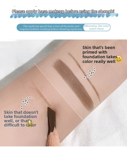 Macro shot of eyebrow pencil swatches on skin comparing makeup base application effect