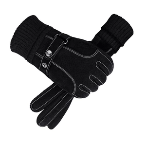 Men's black winter leather gloves with knit cuffs and decorative contrast stitching