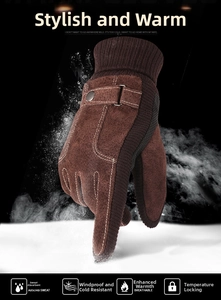 Detail of brown suede men's winter glove with ribbed cuff and decorative snap button strap