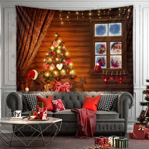 Detailed view of Christmas tapestry with glowing tree and Santa behind a modern sofa