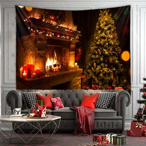 Detailed Christmas wall tapestry featuring a warm fireplace and festive tree scene