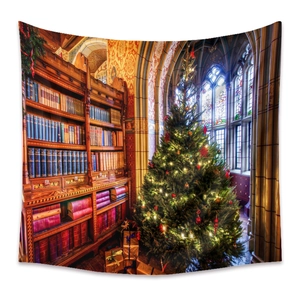 Detail of Christmas library tapestry featuring festive trees and vintage bookshelves