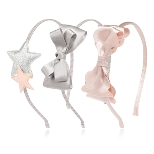 Three-piece set of kids bow and star headbands with satin finish and glitter stars