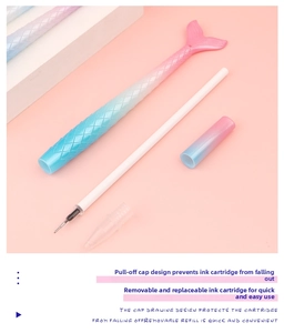 Exploded view of mermaid gel pen with blue pink gradient body and replaceable refill