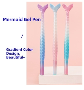 Detail of three mermaid gel pens with gradient scales and elegant dual tail fins