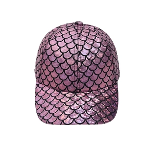 Metallic laser fish scale baseball cap with purple gradient and curved brim detail