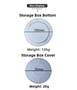Silicone mold dimensions for storage box base and lid showing diameter and weight