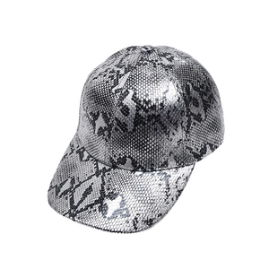 Silver snakeskin pattern baseball cap with metallic finish and curved brim in 45-degree view