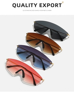 Detail view of oversized rimless shield sunglasses in four gradient color options