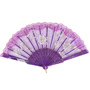 Purple lace folding fan with silver rose patterns and carved plastic ribs on white background