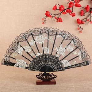 Rose Lace Handheld Folding Fan Elegant Floral Pattern For Dance Performance Wedding Party Vintage Oriental Style Plastic Lace Fan