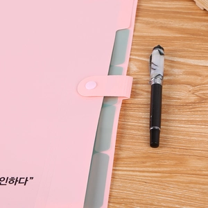Chemise à soufflet A4 rose avec onglets d'index et bouton-pression sur un bureau