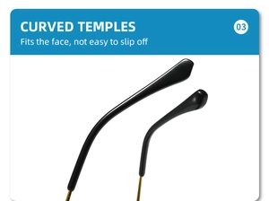 Detail of ergonomic curved temples on gold metal sunglasses with black anti-slip ends