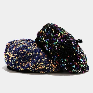 Sparkly sequin beret hat for women in blue gold and black multi colors for party fashion