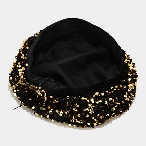 Chic black and gold sequin beret with adjustable drawstring for a stylish women look