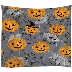 Halloween wall tapestry featuring orange jack-o'-lanterns and cobwebs on grey background