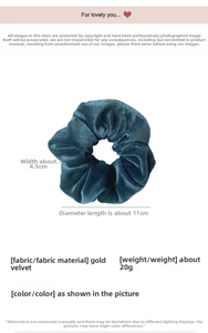 Detail of cyan velvet scrunchie showing 11cm diameter and soft pleated texture