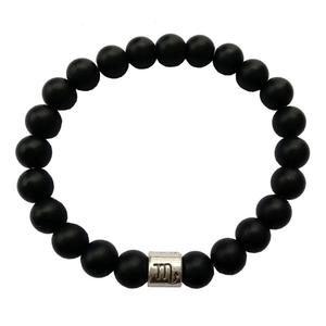 Black matte 8mm stone bead bracelet featuring silver Scorpio zodiac sign charm for men