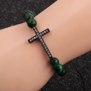 8mm tiger eye stone cross beaded bracelet with adjustable elastic band for men