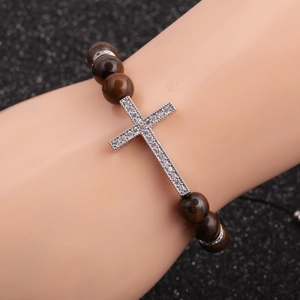 Men's 8mm tiger eye stone cross bracelet with adjustable braided design and crystal accents