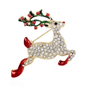 Sparkling elk Christmas brooch with white rhinestones and red enamel on gold alloy finish