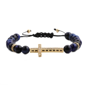 8mm blue tiger eye bead bracelet with a gold-plated zircon cross and adjustable black cord