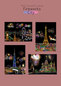 Detailset mit 4 Stadt-Nachtszene-Kratzkarten mit Motiven von London und Paris
