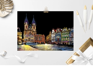 Prager Teynkirche Nachtszene Kratzbild mit eleganten goldenen Dekorations-Elementen