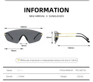 Detailed technical drawing showing size specs for rimless wrap-around sunglasses