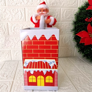Animated electric Santa Claus climbing a red brick chimney with festive Christmas decor
