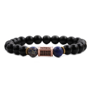 Bracelet pour homme avec perles de 8mm en pierre noire et bleue et charme or rose