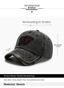 Detailansicht der grauen Vintage-Jeans-Baseballkappe mit W-Stickerei und Maßangaben