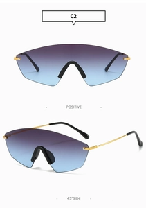 Front and 45-degree side views of oversized rimless sunglasses with purple blue gradient lenses