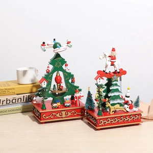 Boîte À Musique De Noël En Bois Décoration Père Noël Cheval À Bascule Arbre Rotatif Remontoir Cadeau De Fête Décor Maison