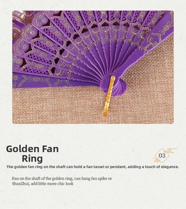 Detail of purple lace fan featuring a gold metal loop for attaching decorative tassels