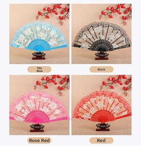 Detail view of four lace folding fans in blue, black, rose, and red on wooden stands