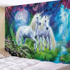 Detail view of fantasy unicorn forest tapestry hanging as a bedroom headboard decor