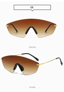 Front and 45-degree side view of oversized gradient brown lens rimless sunglasses
