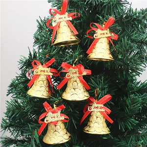 Gold Christmas Bell Hanging Ornaments With Red Bows And Merry Christmas Tags For Christmas Tree Decorations