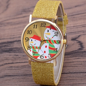 Sparkly gold glitter leather strap watch with Christmas snowman dial for women