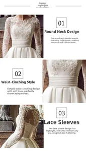 Detail of round neckline, lace sleeves, and pleated waist on white bridal gown