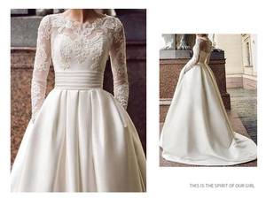 Exquisite white lace long sleeve wedding dress with satin train and side pockets