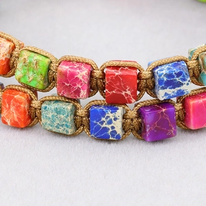Handmade woven double-wrap bracelet with colorful square imperial stones and natural marble texture